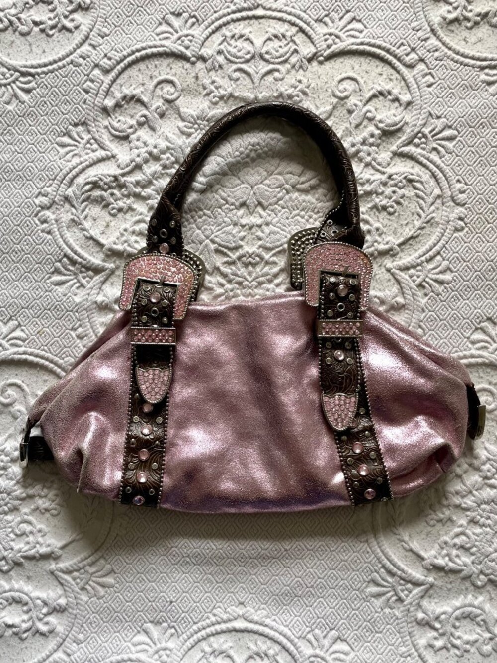 SOLD Vintage Y2K Charm + Luck Western San Antonio Leather Rhinestone Satchel Bag - Picture 6 of 16